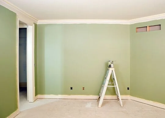 Interior room with freshly painted green walls, ladder positioned for painting, showcasing a professional painting project in a residential setting.