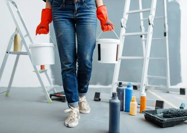 Person wearing orange gloves carrying paint buckets in a residential interior painting setting, surrounded by various paint containers and a ladder, reflecting professional painting services in Hopewell Township, NJ.